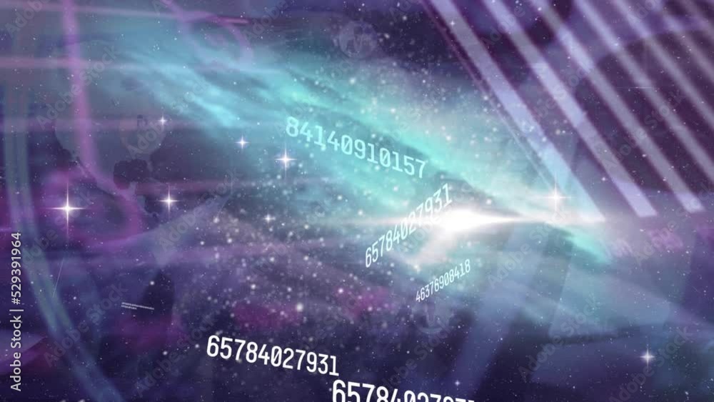 Poster animation of changing numbers and data processing over close up of person typing on keyboard