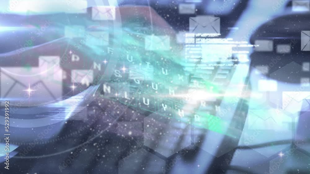 Poster animation of multiple message icons and data processing over close up of person typing on keyboard