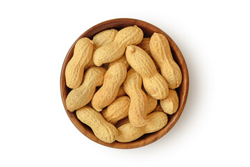 Shelled peanuts in wooden bowl on white background
