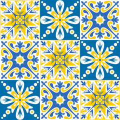 TalaVera de Puebla ceramic portuguese tiles yellow blue white indigo, seamless pattern for decorating walls and floors, vector illustration ceramic tile design