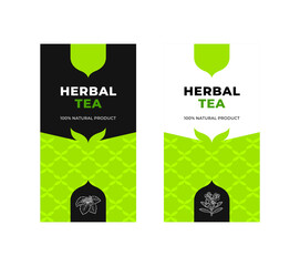 Herbal tea packaging. Sticker design for tea packaging. Herbal tea, natural organic product. Black-green and white-green backgrounds with graphic elements. Tea leaves.
