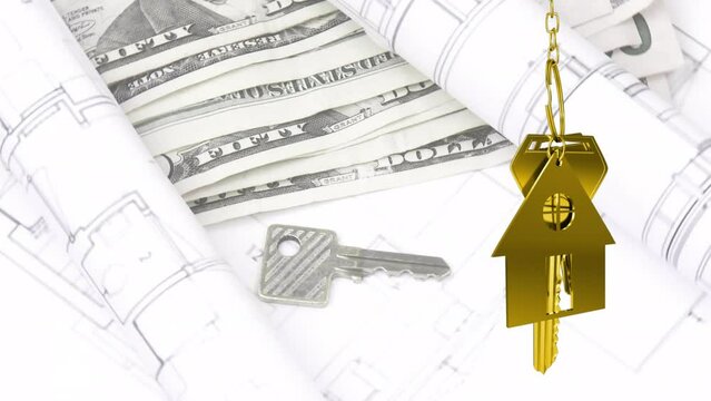 Animation of hanging house keys against spinning architectural drawings, dollar bills and house key