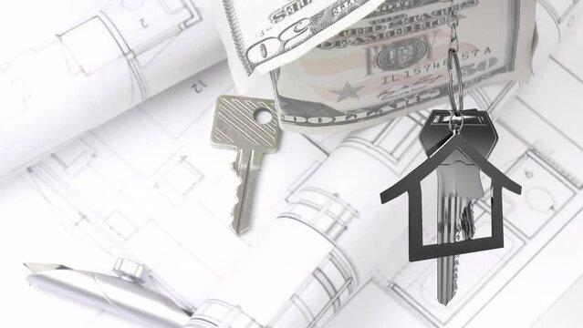 Animation of hanging house keys against spinning architectural drawings, dollar bills and house key