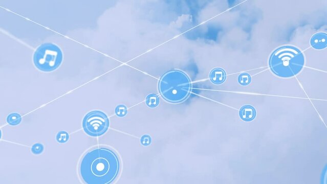 Animation of network of digital icons against clouds in the blue sky