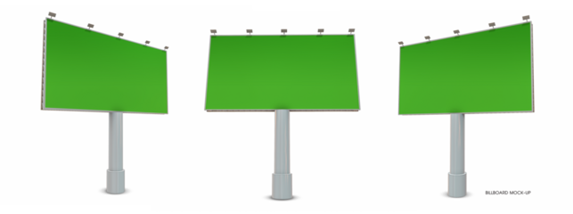 Blank billboard at green background., 3 view port outdoor advertising board for marketing uses., 3D Illustration