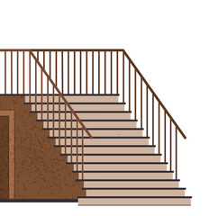 Interior design scene with stairs and door. Staircase at entrance to house. Corridor or hall of building with stairs. Staircase with railings and stairway, architecture of building vector illustration