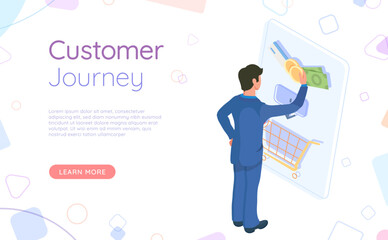 Customer journey landing page template business and social media marketing, content marketing, purchase, storytelling, seo, awareness, advertise and internet online advertising promotion strategy