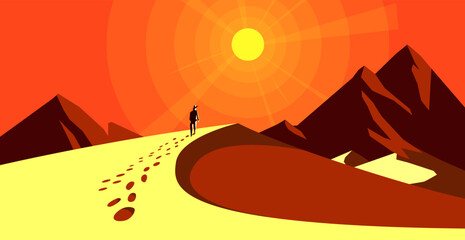 Retro illustration of a Man looking to the horizon. Gradient retro background, poster.