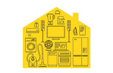Vector illustration of house shape with black color different appliance on yellow background. Line art style design home appliance collection