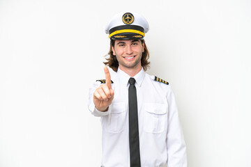 handsome Airplane pilot isolated on white background showing and lifting a finger