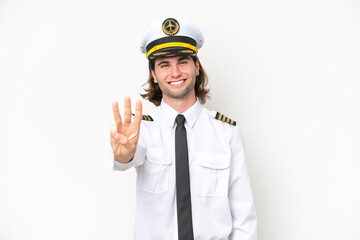 handsome Airplane pilot isolated on white background happy and counting three with fingers