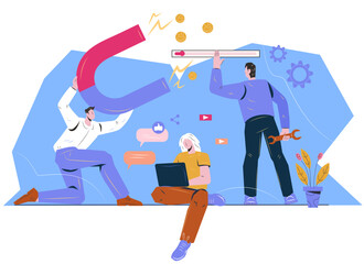 SEO analytics team working on website optimization, flat vector illustration isolated on white background. Marketing SEO or SMM team business concept for web.