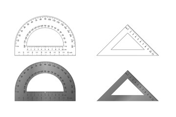 Metal and outline protractor and angular ruler set.