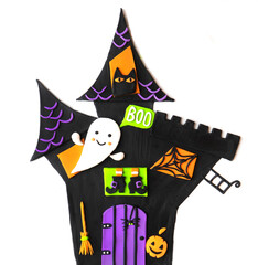 Plasticine halloween witch house illustration. 3d effect cute illustration with bat, broom, spider web, ghost, pumpkin, trees isolated on white background.