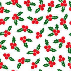 Vector Christmas seamless pattern with red berries and green leaves on white background. Festive Xmas backdrop for print, decoration, wallpaper. Merry Christmas digital wrap paper design.
