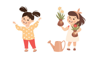 Cute Little Girl with Watering Can and Plant Caring About Earth Planet Saving World Vector Set