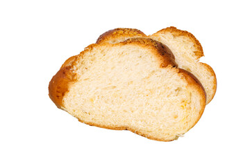 Two isolated slices of a fresh sweet yeast bread. PNG file with transparent background.