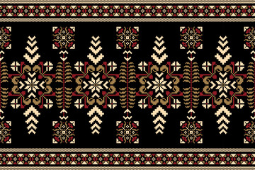 Floral cross stitch embroidery on black background.geometric ethnic oriental seamless pattern traditional.Aztec style abstract vector illustration.design for texture,fabric,clothing,wrapping,carpet.