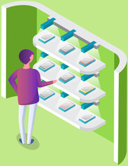 Man chooses smartphones at exhibition. Isometric composition with male character looking at mobile phones near promotion stand. Presentation of new technologies, gadgets, electronic devices at rack