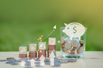 Financial planning saving ideas concept with money. stack of coins on the wood, family planning for...