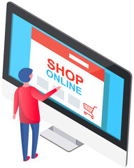 Online shopping with web site. Customer woman uses laptop computer to buy goods. Cartoon character makes purchases in online store. Products delivery. Buying remotely with modern application