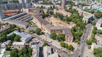 Aerial view building former factory Arsenal. Drone shot beautiful Kyiv Kiev cityscape on a sunny...