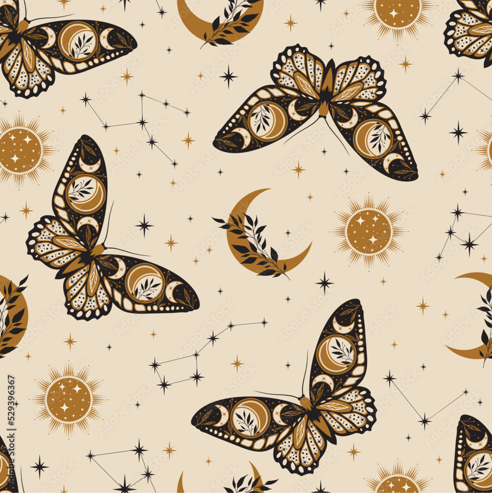 Wall mural magic celestial seamless pattern with constellations. boho magic background with space elements star