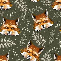 Vector boho fox seamless pattern in green background. Red fox seamless pattern in hand-drawn style.