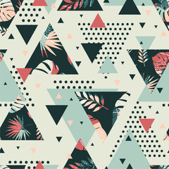 Abstract retro seamless pattern with tropical palm leaves and textured triangles.  Vector illustration.