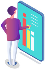 Analytics information and development statistics. Web analysis measure, product testing technology. Man analyses dashboard seo optimization, digital report. Statistical indicators and data on diagram