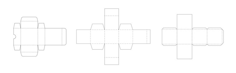 Package box template set. Dotted lines scheme of paper packaging, geometric model layout, black thin lines on white background.