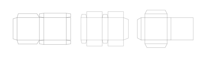 Set of 3 package box templates. Scheme of paper packaging, geometric model layout, black thin lines on white background.