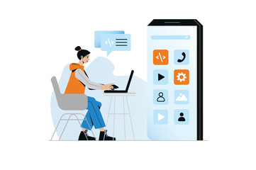 App development concept with people scene in the flat cartoon design. Girl is writing programming code for a mobile app she created. Vector illustration.