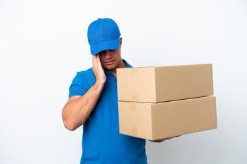 Delivery caucasian man isolated on white background with headache