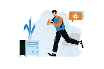 Deadline concept with people scene in the flat cartoon style. Employee is in hurry to complete the task by the specified time. Vector illustration. - obrazy, fototapety, plakaty