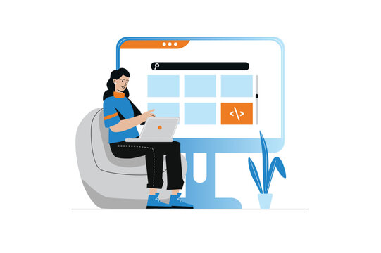 Web development concept with people scene in the flat cartoon design. Woman is engaged in updating and improving an Internet application using a programming languages. Vector illustration.