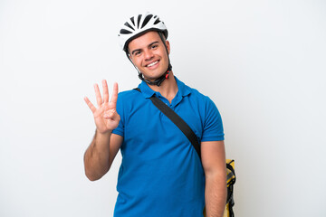 Young caucasian man with thermal backpack isolated on white background happy and counting four with fingers