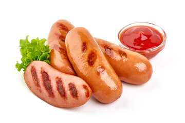 Roasted sausages with tomato sauce, isolated on white background.