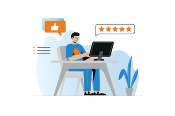 Positive feedback concept with people scene in the flat cartoon design. Blogger received positive feedback from his followers for his latest video. Vector illustration.