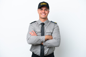 Young caucasian security man isolated on white background keeping the arms crossed in frontal position