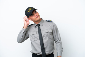 Young caucasian security man isolated on white background thinking an idea