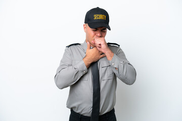 Young caucasian security man isolated on white background is suffering with cough and feeling bad