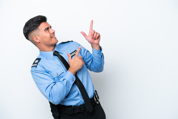 Young police caucasian man isolated on white background pointing with the index finger a great idea