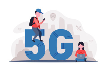 5G technology. People using high speed mobile internet for working, gaming and communication cartoon vector illustration