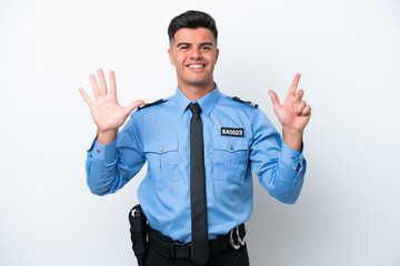 Young police caucasian man isolated on white background counting seven with fingers