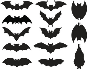 Halloween bet illustration collection. vector flying bats silhouette. Standing bet upside down drawing.
