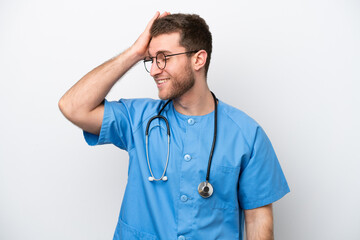 Young surgeon doctor caucasian man isolated on white background has realized something and intending the solution