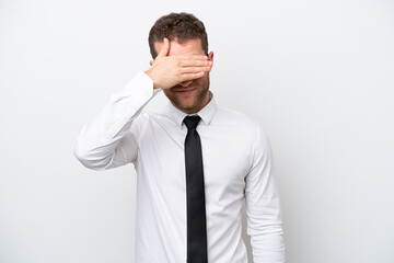 Young business caucasian man isolated on white background covering eyes by hands. Do not want to see something