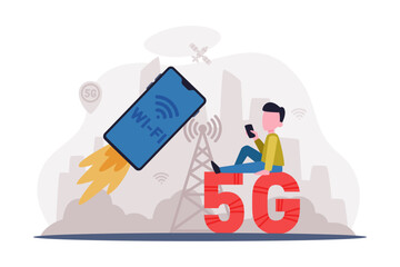 High speed wireless 5G internet technology with smartphone launching. Person using mobile device with high speed mobile internet connection cartoon vector illustration