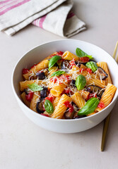 Pasta alla Norma with eggplant, tomatoes, cheese and basil. Italian food. Vegetarian food.